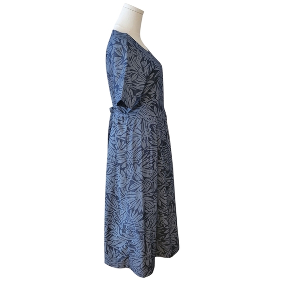 Naqui New York Blue Cotton Leaf Print Pleated Maxi Dress Size Medium - Picture 3 of 5